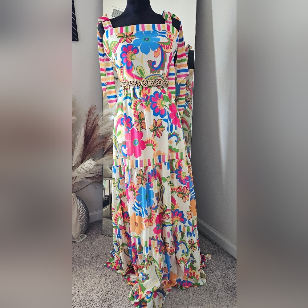 Colorful Floral Maxi Dress Women’s Large Boho Statement Tiered. BELT NOT INCLUDE